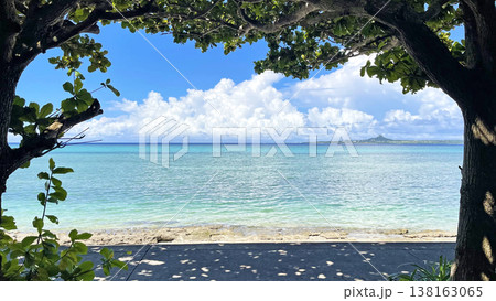 備瀬のフクギ並木、広がるエメラルドの海と伊江島 沖縄・本部町、自然のフレーム 備瀬のフクギ並木、広がるエメラルドの海と伊江島 沖縄・本部町、自然のフレーム 138163065