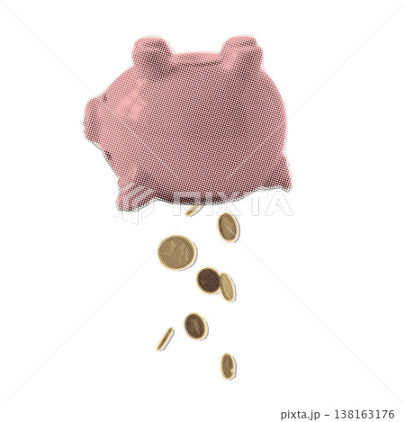 Emptying savings and unexpected expenses concept. Upside down piggy bank spilling coins and money. Retro halftone collage vector illustration for personal bankruptcy, inflation and financial loss. Emptying savings and unexpected expenses concept. Upside down piggy bank spilling coins and money. Retro halftone collage vector illustration for personal bankruptcy, inflation and financial loss. 138163176