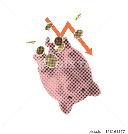 Financial freefall and plunging savings concept. Upside down falling piggy bank with red downward arrow and coins. Retro pop art halftone collage vector illustration for economic crisis metaphor 138163177