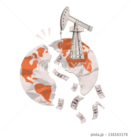 Global oil crisis and geopolitical conflict concept. Torn crumpled paper earth spilling dollars with oil rig. Retro pop art halftone collage vector illustration for energy deficit and inflation. Global oil crisis and geopolitical conflict concept. Torn crumpled paper earth spilling dollars with oil rig. Retro pop art halftone collage vector illustration for energy deficit and inflation. 138163178