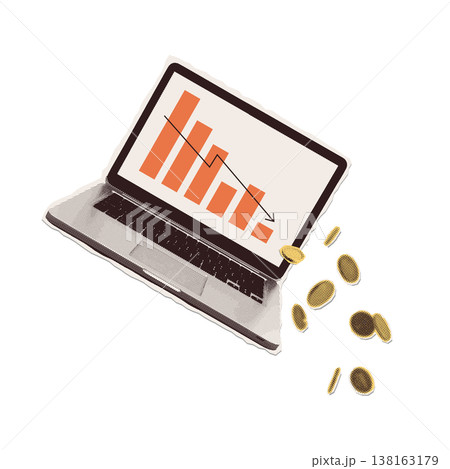Tech stock market crash and online business failure concept. Tilted laptop with falling chart and spilling coins. Retro halftone collage vector illustration for digital economy and crypto crisis. 138163179