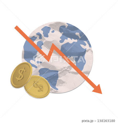 Global economic crisis and worldwide recession concept. Earth globe with red downward arrow and gold coins. Retro pop art halftone collage vector illustration for financial market crash metaphor. 138163180