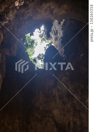 Upward view from inside Batu Caves near Kuala Lumpur, Malaysia. Showing a natural opening in the limestone cave with sunlight and greenery. 138163358