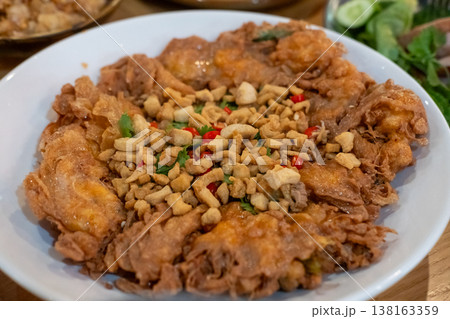 Close-up photo of Omelet served with coriander and pork crackling on the top Close-up photo of Omelet served with coriander and pork crackling on the top 138163359