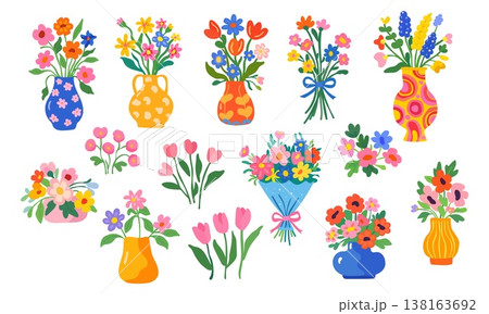 Cute spring flower bouquets in vases dopamine decor flat vector set 138163692