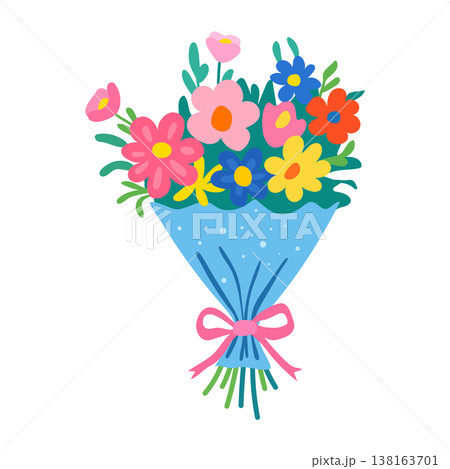 Beautiful dopamine spring flower bouquet wrapped in blue paper Beautiful dopamine spring flower bouquet wrapped in blue paper 138163701