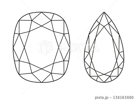 Cushion, pear diamond cut shape isolated on white background. Diamond top view. Pear, Cushion brilliant cut set. Gemstone outline icon for jewellery design, branding, packaging, logo, digital graphic Cushion, pear diamond cut shape isolated on white background. Diamond top view. Pear, Cushion brilliant cut set. Gemstone outline icon for jewellery design, branding, packaging, logo, digital graphic 138163880