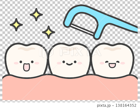 可愛的牙齒、牙間刷、閃粉、牙線。 138164352