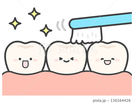 かわいい歯とキラキラと歯ブラシの歯磨きイラスト かわいい歯とキラキラと歯ブラシの歯磨きイラスト 138164426