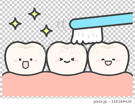 かわいい歯とキラキラと歯ブラシの歯磨きイラスト かわいい歯とキラキラと歯ブラシの歯磨きイラスト 138164426