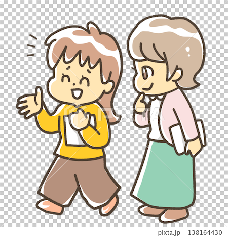 二人で話しながら歩いている女性 138164430