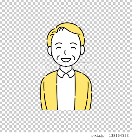 一幅簡單的插圖，描繪了一位微笑的老年男子，他的眼睛似乎也在微笑，並以黃色點綴。 138164538