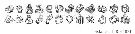 Finance money icon set, bank currency doodle illustration, vector hand drawn economy business sign.  138164871