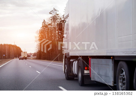 White semi-trailer truck travels highway, side view trailer, wheels, forest, overcast sky, depicting cargo transport logistics industry efficiency, evening sunset. Copy space for text 138165302