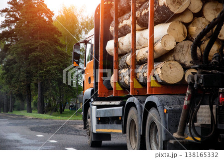 Orange logging truck with stacked timber logs driving on rural asphalt road during sunny day, showing forestry industry transport work. Copy space for text 138165332