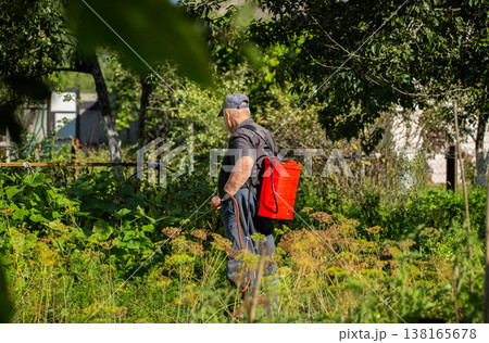 An elderly man with a red sprayer treats plants with ammonia to protect them from diseases and pests at his dacha. Copy space for text, industry An elderly man with a red sprayer treats plants with ammonia to protect them from diseases and pests at his dacha. Copy space for text, industry 138165678