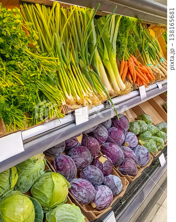 Fresh Vegetables Display in Supermarket Produce Section Fresh Vegetables Display in Supermarket Produce Section 138165681