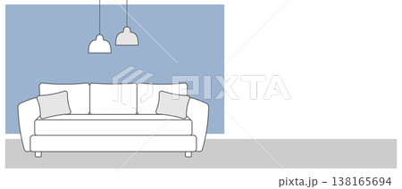 Minimalist interior design illustration of a living room with a white sofa and pendant lights. Illustration. Minimalist interior design illustration of a living room with a white sofa and pendant lights. Illustration. 138165694