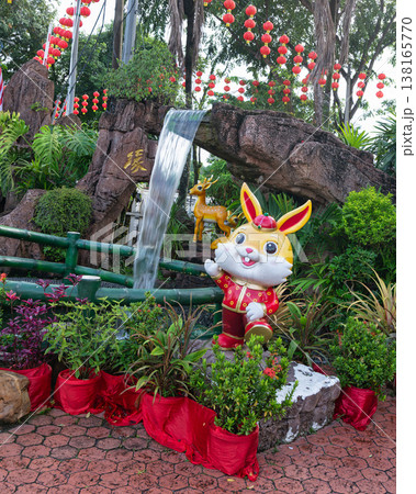 Chinese New Year rabbit statue, red lanterns, and waterfall at Thean Hou Temple, Kuala Lumpur, Malaysia Chinese New Year rabbit statue, red lanterns, and waterfall at Thean Hou Temple, Kuala Lumpur, Malaysia 138165770