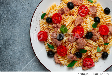 Tuna salad, fusilli pasta, olives and cherry, olive oil, homemade, 138165889