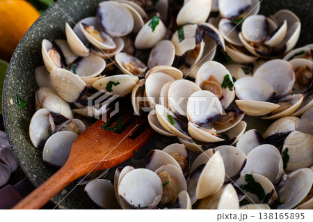 cooking, vongole clams, in a pan with spices and white wine, top view, no people, cooking, vongole clams, in a pan with spices and white wine, top view, no people, 138165895