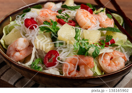 Thai salad with shrimp and rice noodles, pineapple slices, coriander and mint leaves, homemade , no people, Thai salad with shrimp and rice noodles, pineapple slices, coriander and mint leaves, homemade , no people, 138165902
