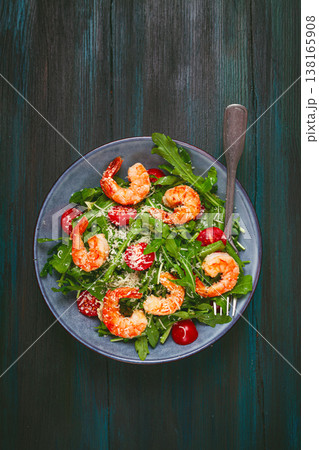 Shrimp salad with arugula and cherry tomatoes, with parmesan cheese, healthy food, Shrimp salad with arugula and cherry tomatoes, with parmesan cheese, healthy food, 138165908