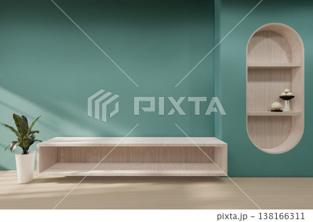 Floating Shelf on room The Serene Nook room Minimalist Zen Living on mint room and Wooden Feature Wall.3D rendering 138166311