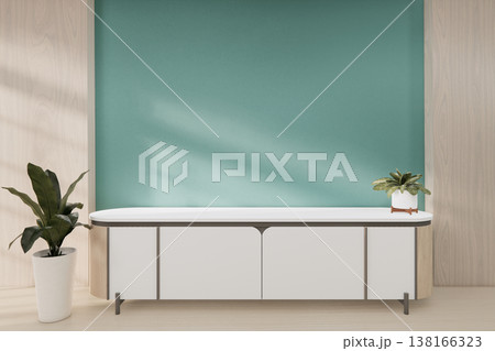 Floating Shelf on room The Serene Nook room Minimalist Zen Living on mint room and Wooden Feature Wall.3D rendering 138166323