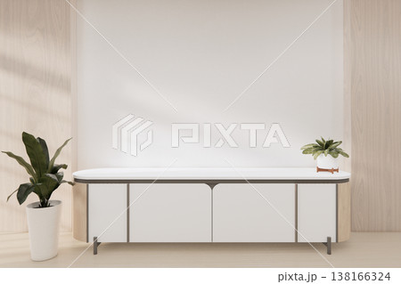 Mock up Cabinet Tv on wooden wall panel design , plants and decortion on wood floor .3D rendering 138166324