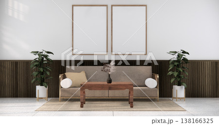 mock up Living room modern japandi style with mini sofa and partition wall, room ties white floor, interior white tone.3D rendering 138166325