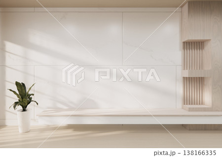 Floating Shelf on room The Serene Nook room Minimalist Zen Living on white room and Wooden Feature Wall.3D rendering 138166335