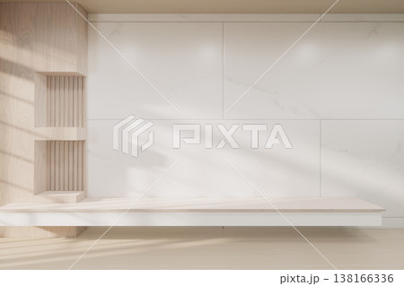 Floating Shelf on room The Serene Nook room Minimalist Zen Living on white room and Wooden Feature Wall.3D rendering 138166336