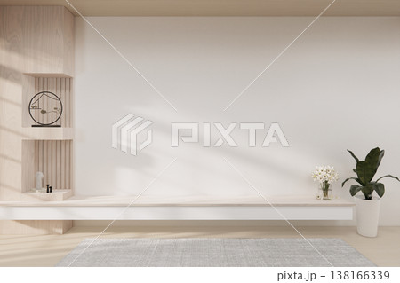 Floating Shelf on room The Serene Nook room Minimalist Zen Living on white room and Wooden Feature Wall.3D rendering 138166339