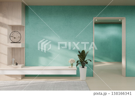 Floating Shelf on room The Serene Nook room Minimalist Zen Living on mint room and Wooden Feature Wall.3D rendering 138166341