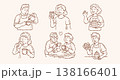 Cute cafe lifestyle vector set with senior couple drinking coffee professional barista making latte and bakers with cake in hand drawn doodle line art style 138166401