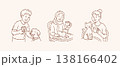 Happy people enjoying coffee with cute dog and cat vector set in hand drawn doodle line art style for pet friendly cafe branding and social media 138166402