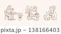 Relaxing cafe scene vector set with people drinking coffee sitting at tables with indoor plants and cute cat in hand drawn doodle line art style 138166403