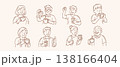 Happy diverse people drinking coffee and relaxing vector set with men women and seniors in hand drawn doodle line art style for cafe branding design 138166404