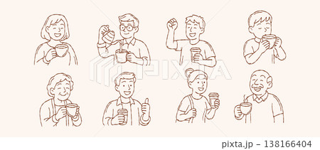 Happy diverse people drinking coffee and relaxing vector set with men women and seniors in hand drawn doodle line art style for cafe branding design 138166404