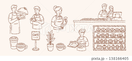 Minimalist coffee element and cafe furniture vector set with espresso machine brewing tools and decor in hand drawn doodle line art style 138166405