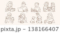 Cute coffee lover character vector set with people drinking coffee working on laptop and relaxing in hand drawn doodle line art style 138166407
