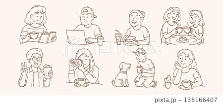 Cute coffee lover character vector set with people drinking coffee working on laptop and relaxing in hand drawn doodle line art style Cute coffee lover character vector set with people drinking coffee working on laptop and relaxing in hand drawn doodle line art style 138166407