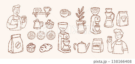 Minimalist barista tools vector set with coffee machine grinder beans baker character and latte art in hand drawn doodle line art style for branding Minimalist barista tools vector set with coffee machine grinder beans baker character and latte art in hand drawn doodle line art style for branding 138166408