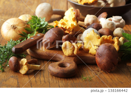 Assortment of Fresh Wild  Mushrooms on a Wooden Board 138166442