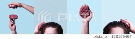 Banner of images illustrating scalp massage with exfoliating brush on blue background. Illustration of washing routine. Concept of scalp care, trichology, natural cosmetics, and home wellness therapy Banner of images illustrating scalp massage with exfoliating brush on blue background. Illustration of washing routine. Concept of scalp care, trichology, natural cosmetics, and home wellness therapy 138166467