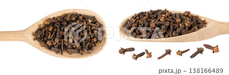 dry spice cloves in wooden spoon isolated on white background. Top view. Flat lay dry spice cloves in wooden spoon isolated on white background. Top view. Flat lay 138166489