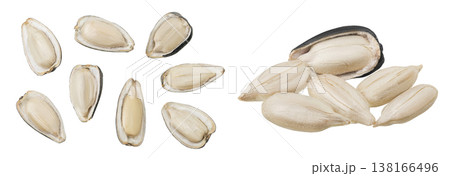 Sunflower seeds isolated on white background. Top view. Flat lay Sunflower seeds isolated on white background. Top view. Flat lay 138166496