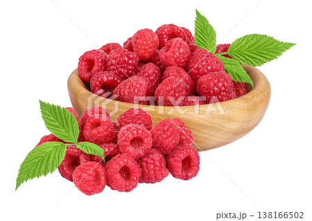 Ripe raspberries in wooden bowl isolated on a white background 138166502