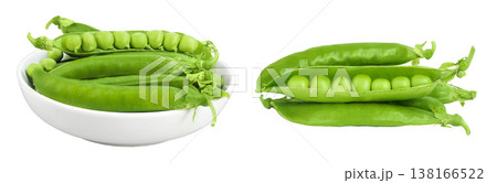 Fresh green pea pod with beans in ceramic bowl isolated on white background Fresh green pea pod with beans in ceramic bowl isolated on white background 138166522